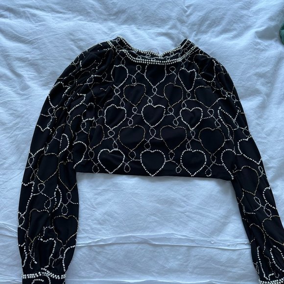 LoveShackFancy Norima Crop Cardigan Sz L Black Beaded Heart V-neck Cuff Sleeves - Picture 10 of 11